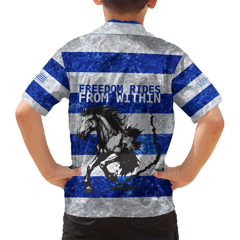 Uruguay Family Matching Off Shoulder Maxi Dress and Hawaiian Shirt with Wild Horse Illustration Blue Gray Striped - Wonder Print Shop