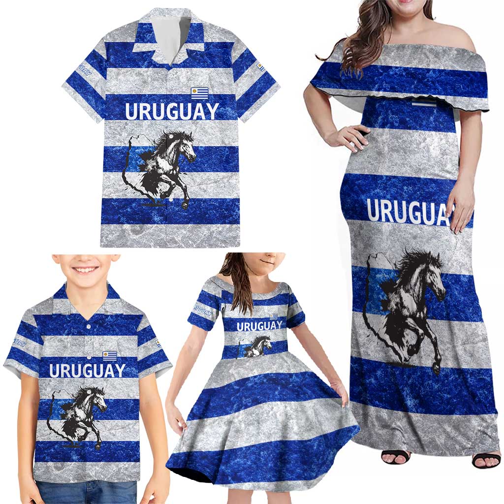 Uruguay Family Matching Off Shoulder Maxi Dress and Hawaiian Shirt with Wild Horse Illustration Blue Gray Striped - Wonder Print Shop