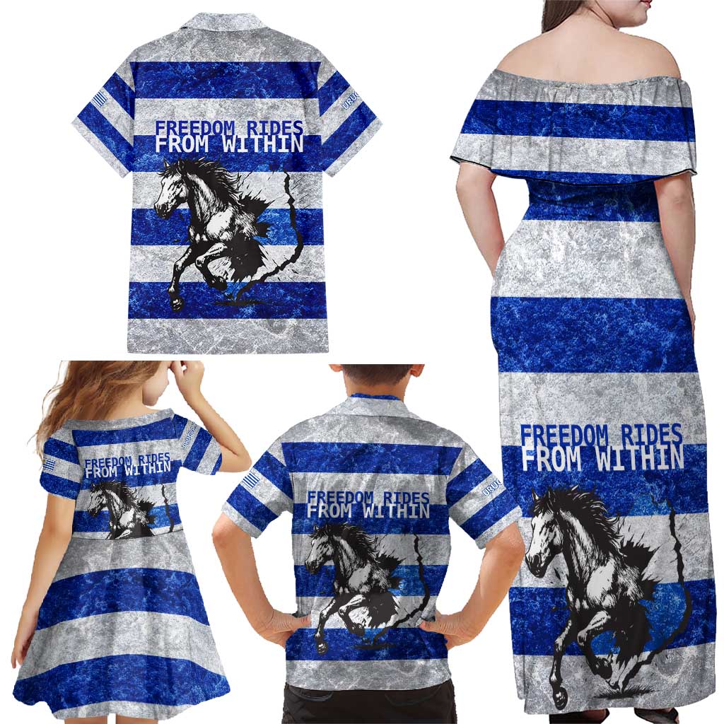 Uruguay Family Matching Off Shoulder Maxi Dress and Hawaiian Shirt with Wild Horse Illustration Blue Gray Striped - Wonder Print Shop
