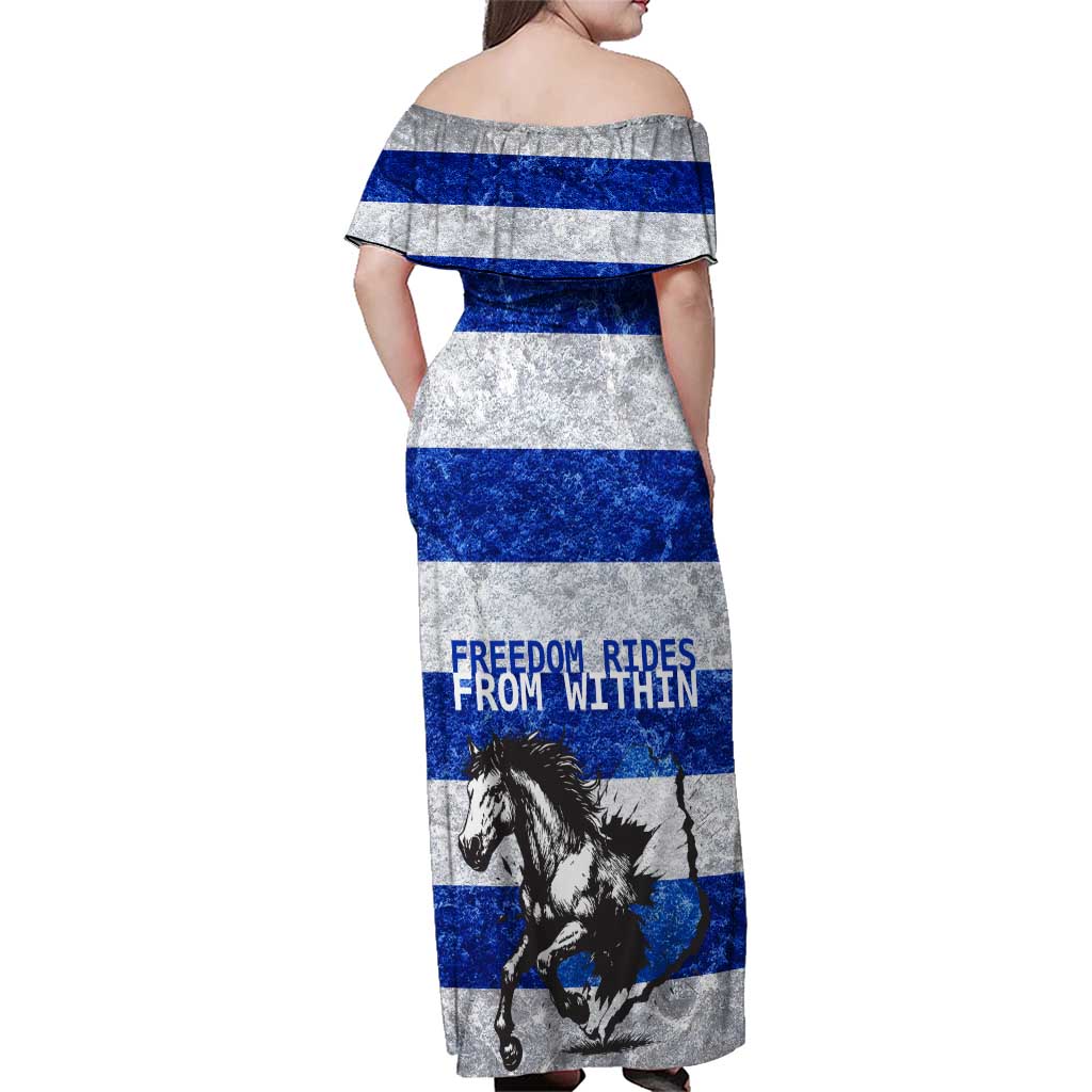 Uruguay Family Matching Off Shoulder Maxi Dress and Hawaiian Shirt with Wild Horse Illustration Blue Gray Striped - Wonder Print Shop