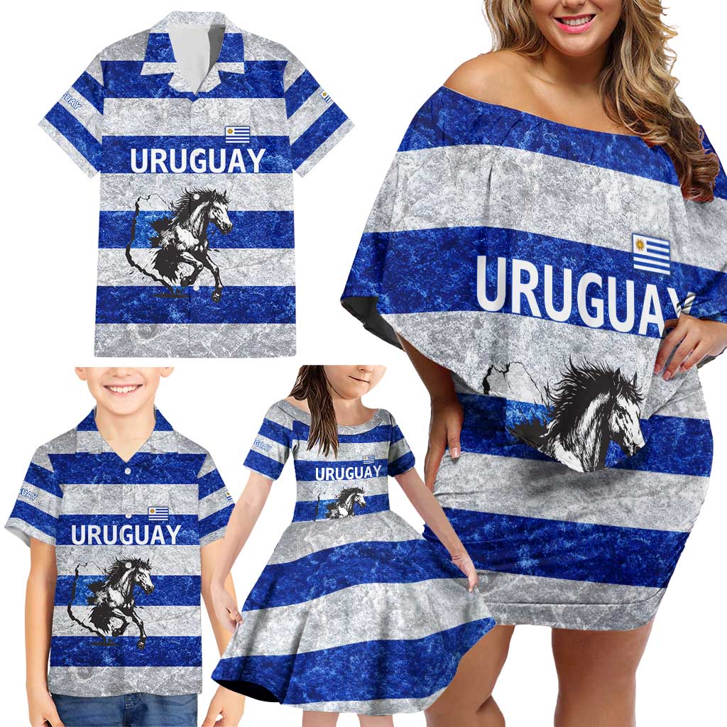 Uruguay Family Matching Off Shoulder Short Dress and Hawaiian Shirt with Wild Horse Illustration Blue Gray Striped - Wonder Print Shop
