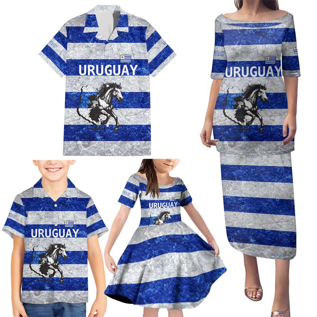 Uruguay Family Matching Puletasi and Hawaiian Shirt with Wild Horse Illustration Blue Gray Striped - Wonder Print Shop