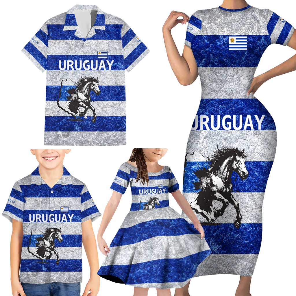 Uruguay Family Matching Short Sleeve Bodycon Dress and Hawaiian Shirt with Wild Horse Illustration Blue Gray Striped - Wonder Print Shop