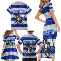 Uruguay Family Matching Short Sleeve Bodycon Dress and Hawaiian Shirt with Wild Horse Illustration Blue Gray Striped - Wonder Print Shop