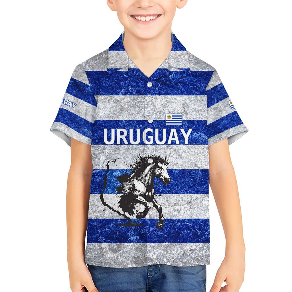 Uruguay Family Matching Short Sleeve Bodycon Dress and Hawaiian Shirt with Wild Horse Illustration Blue Gray Striped - Wonder Print Shop