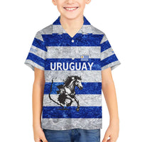 Uruguay Family Matching Short Sleeve Bodycon Dress and Hawaiian Shirt with Wild Horse Illustration Blue Gray Striped - Wonder Print Shop