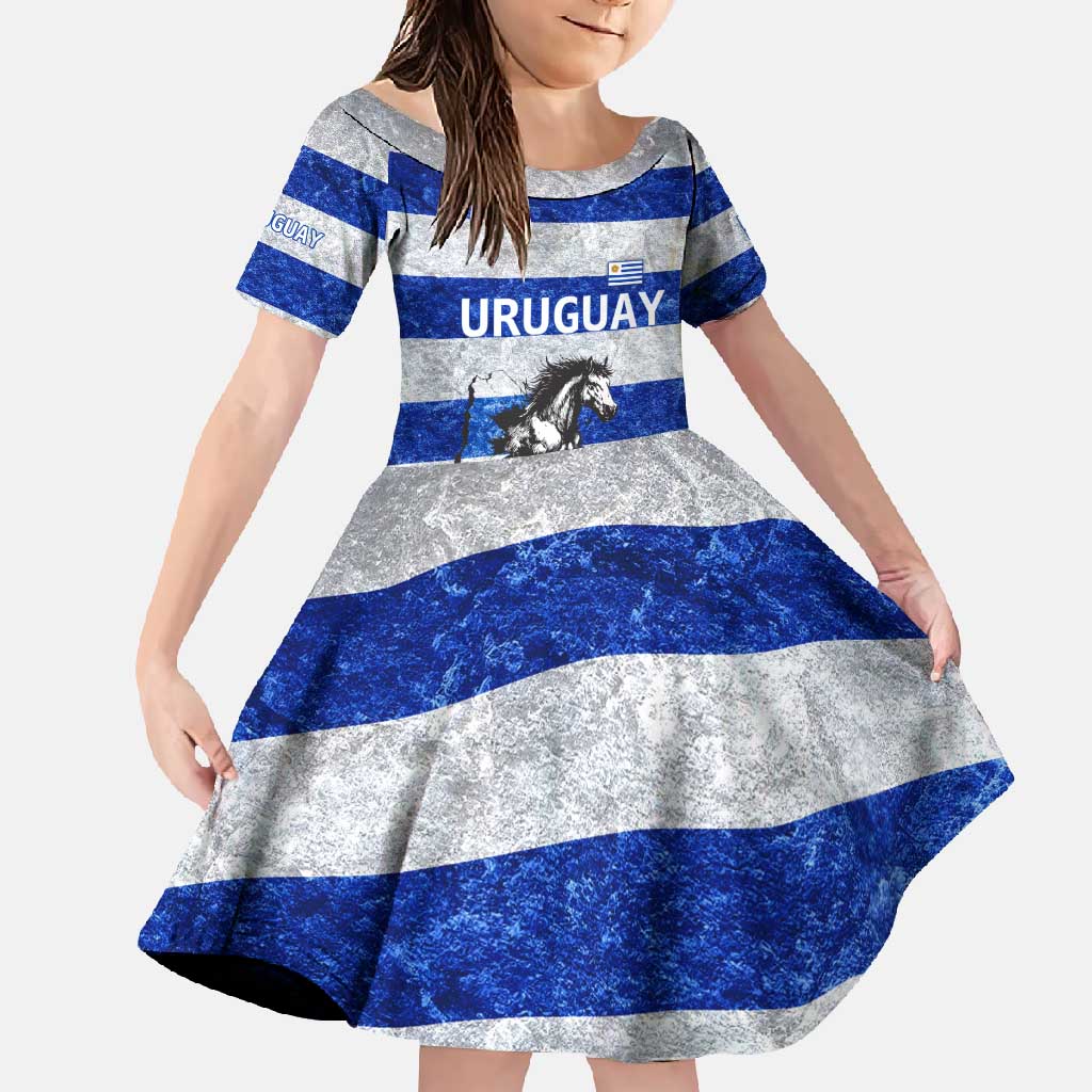 Uruguay Family Matching Summer Maxi Dress and Hawaiian Shirt with Wild Horse Illustration Blue Gray Striped - Wonder Print Shop