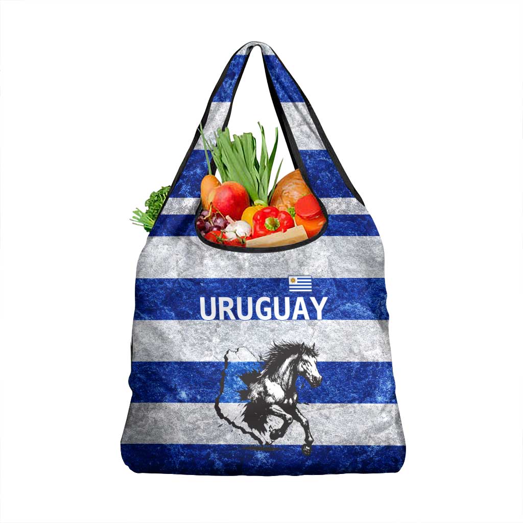 Uruguay Grocery Bag with Wild Horse Illustration Blue Gray Striped - Wonder Print Shop