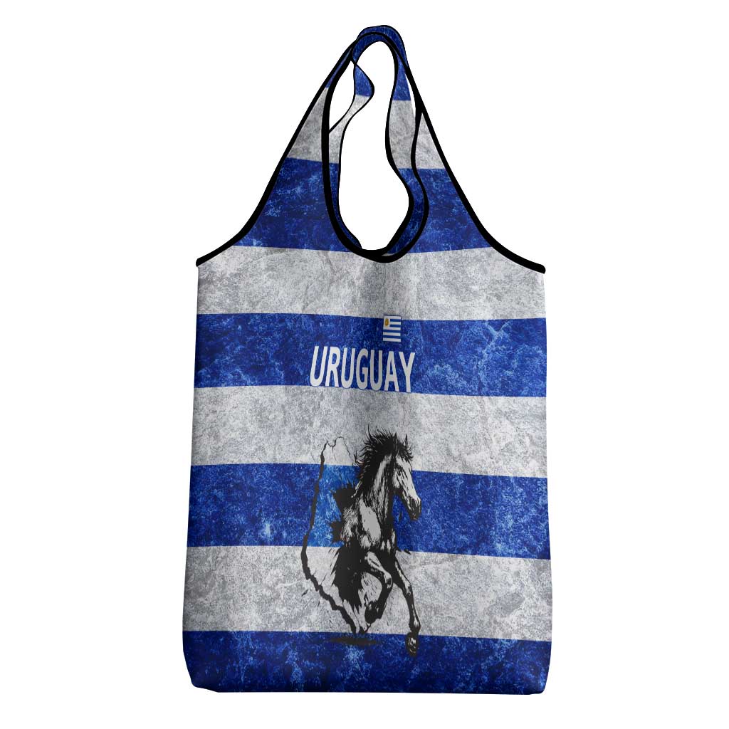 Uruguay Grocery Bag with Wild Horse Illustration Blue Gray Striped - Wonder Print Shop