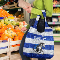 Uruguay Grocery Bag with Wild Horse Illustration Blue Gray Striped - Wonder Print Shop