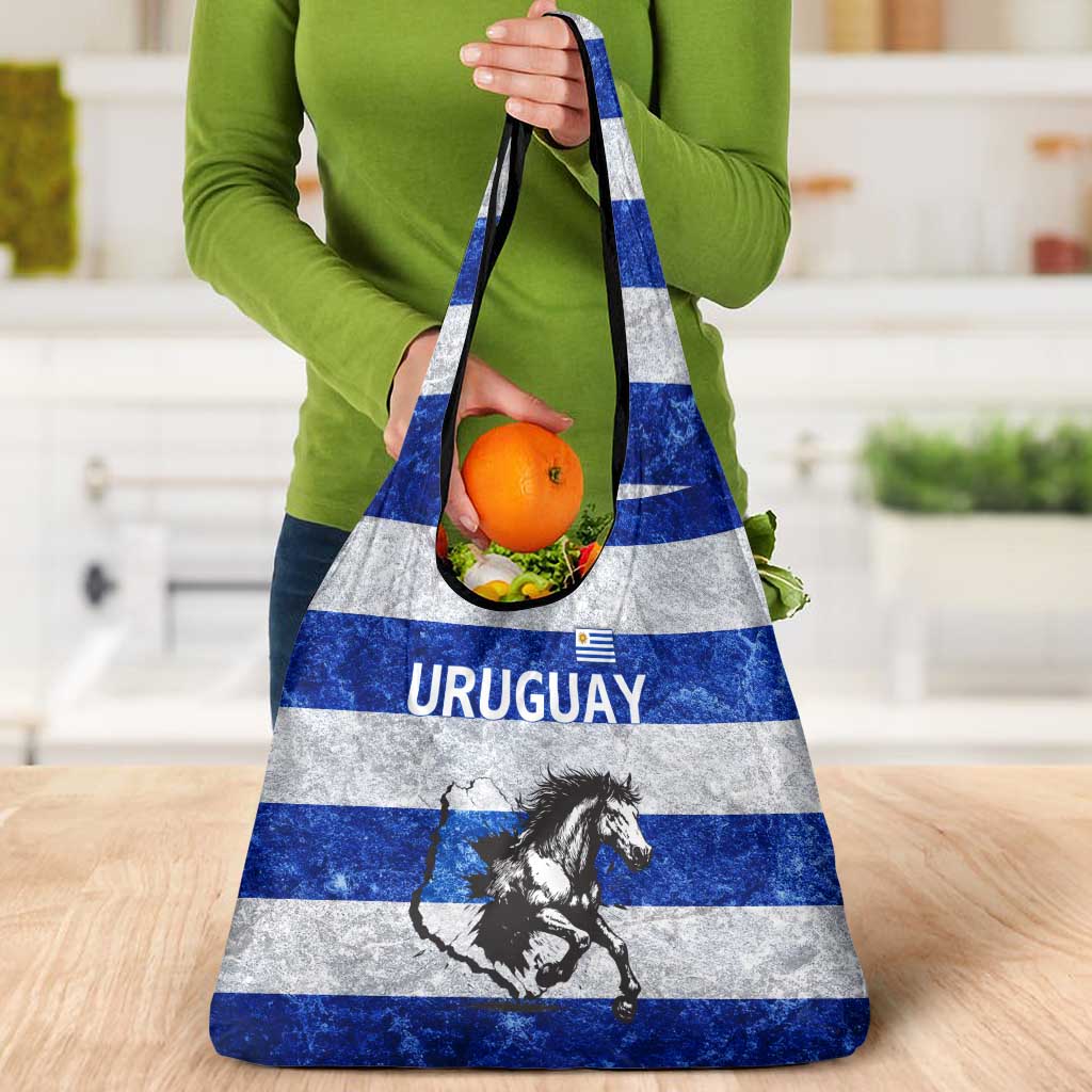 Uruguay Grocery Bag with Wild Horse Illustration Blue Gray Striped - Wonder Print Shop