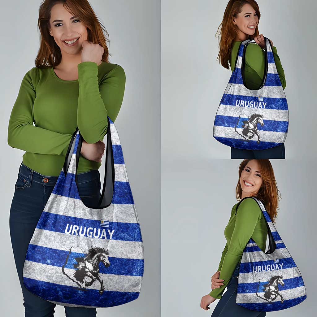 Uruguay Grocery Bag with Wild Horse Illustration Blue Gray Striped - Wonder Print Shop