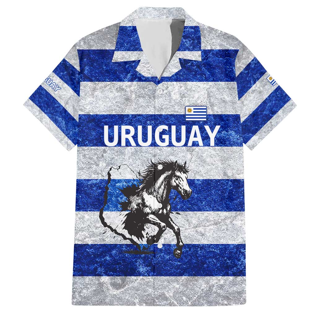 Uruguay Hawaiian Shirt with Wild Horse Illustration Blue Gray Striped - Wonder Print Shop