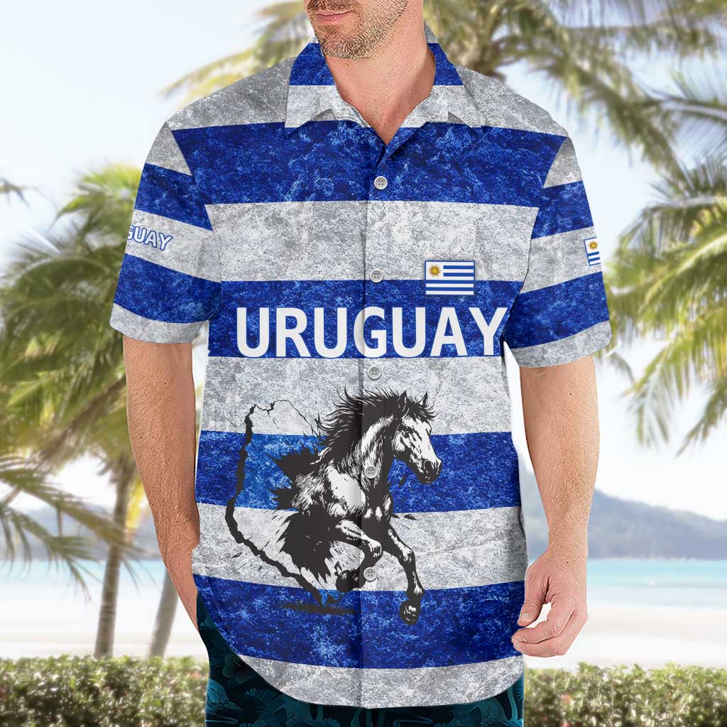 Uruguay Hawaiian Shirt with Wild Horse Illustration Blue Gray Striped - Wonder Print Shop