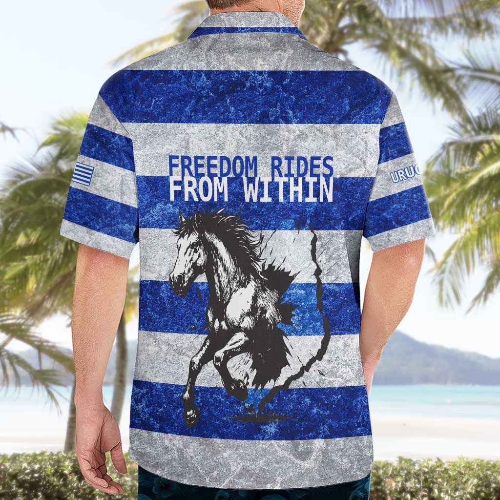 Uruguay Hawaiian Shirt with Wild Horse Illustration Blue Gray Striped - Wonder Print Shop
