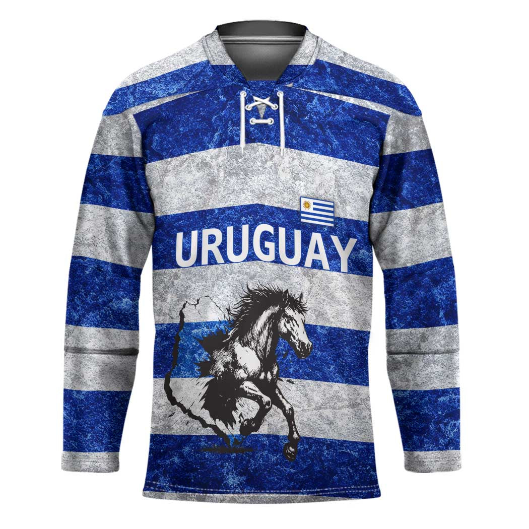 Uruguay Hockey Jersey with Wild Horse Illustration Blue Gray Striped - Wonder Print Shop