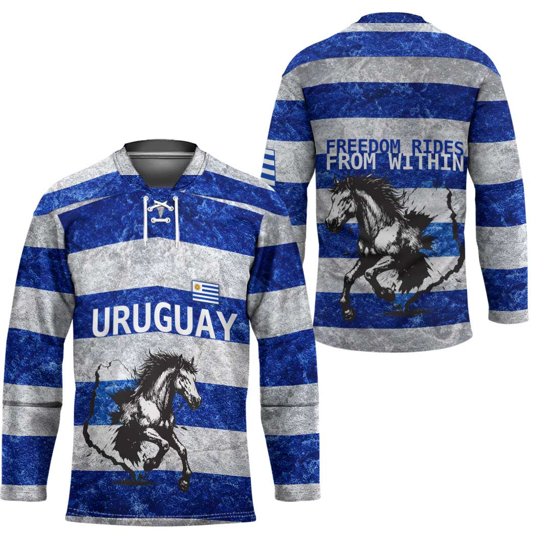 Uruguay Hockey Jersey with Wild Horse Illustration Blue Gray Striped - Wonder Print Shop