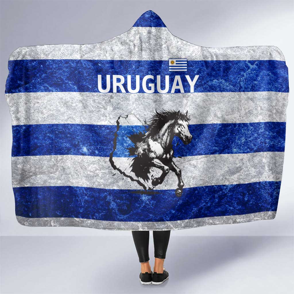 Uruguay Hooded Blanket with Wild Horse Illustration Blue Gray Striped - Wonder Print Shop