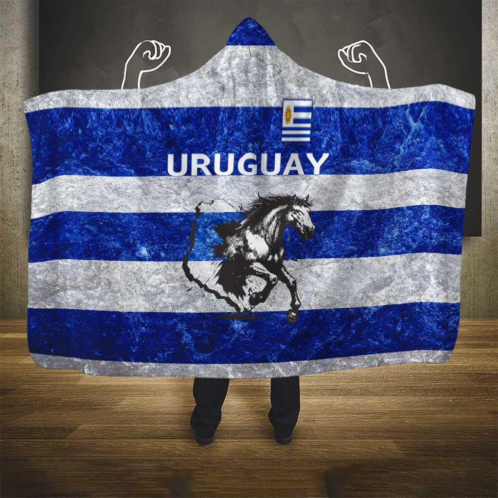 Uruguay Hooded Blanket with Wild Horse Illustration Blue Gray Striped - Wonder Print Shop