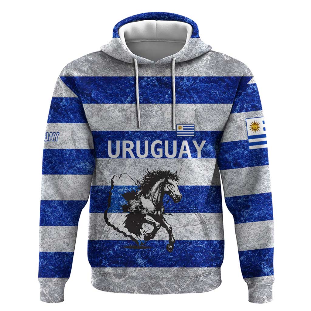 Uruguay Hoodie with Wild Horse Illustration Blue Gray Striped - Wonder Print Shop