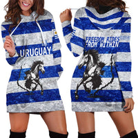 Uruguay Hoodie Dress with Wild Horse Illustration Blue Gray Striped - Wonder Print Shop