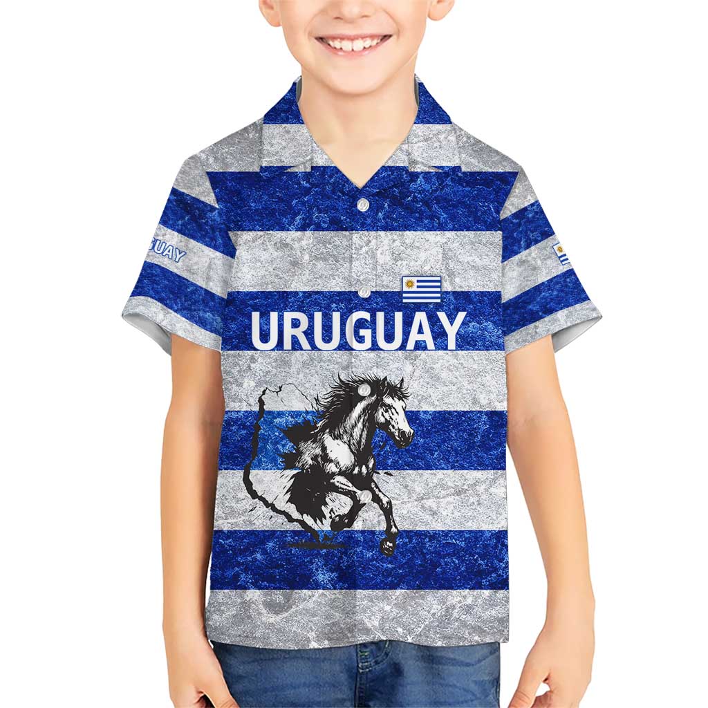 Uruguay Kid Hawaiian Shirt with Wild Horse Illustration Blue Gray Striped - Wonder Print Shop