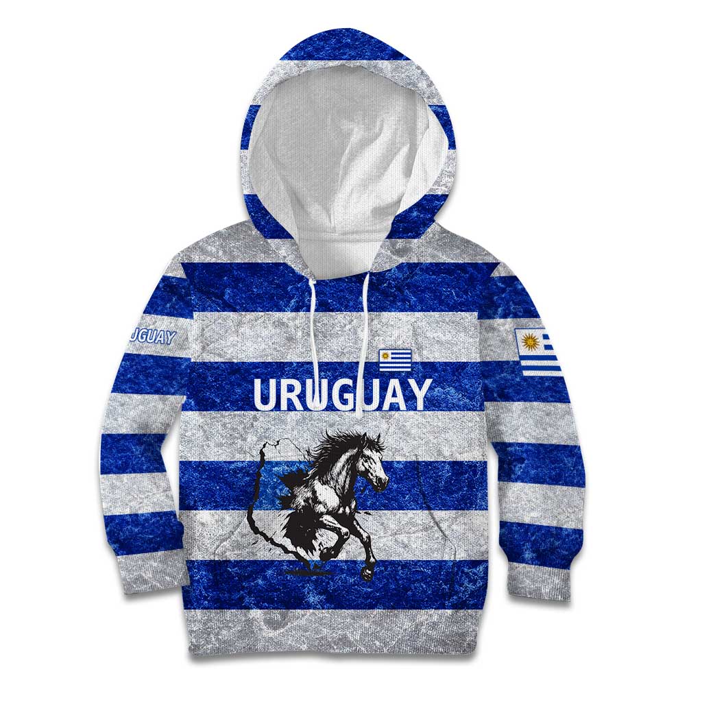 Uruguay Kid Hoodie with Wild Horse Illustration Blue Gray Striped - Wonder Print Shop