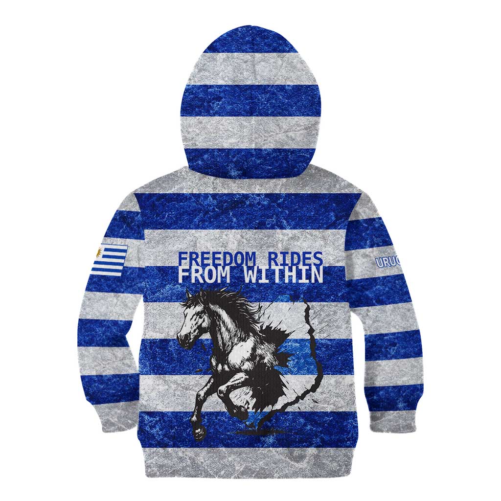 Uruguay Kid Hoodie with Wild Horse Illustration Blue Gray Striped - Wonder Print Shop