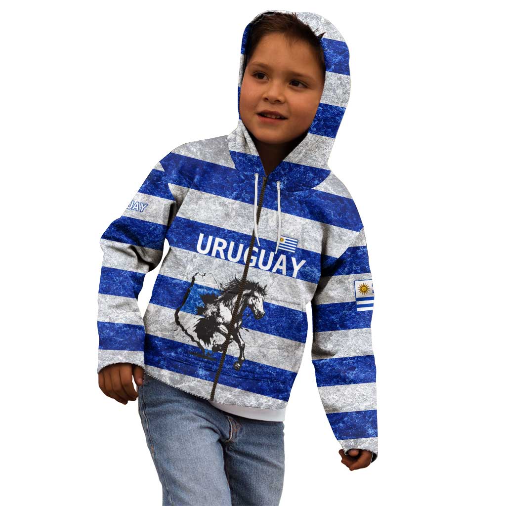 Uruguay Kid Hoodie with Wild Horse Illustration Blue Gray Striped - Wonder Print Shop