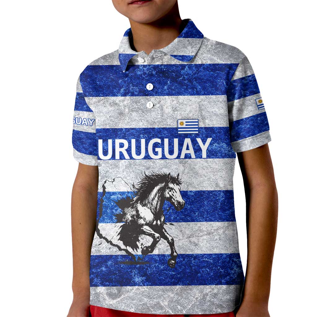 Uruguay Kid Polo Shirt with Wild Horse Illustration Blue Gray Striped - Wonder Print Shop