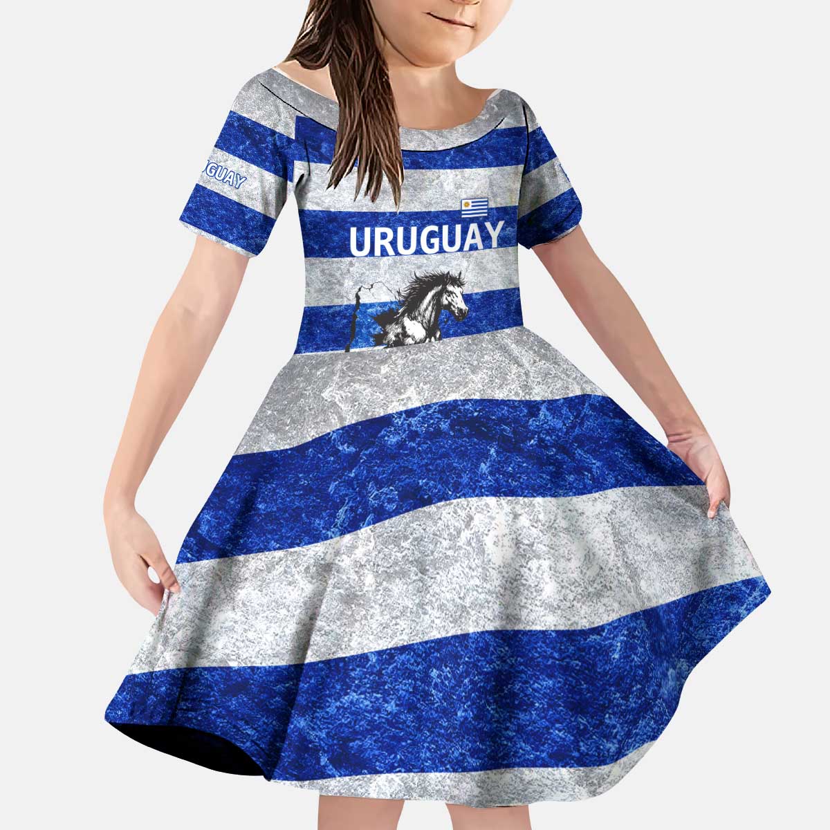 Uruguay Kid Short Sleeve Dress with Wild Horse Illustration Blue Gray Striped - Wonder Print Shop