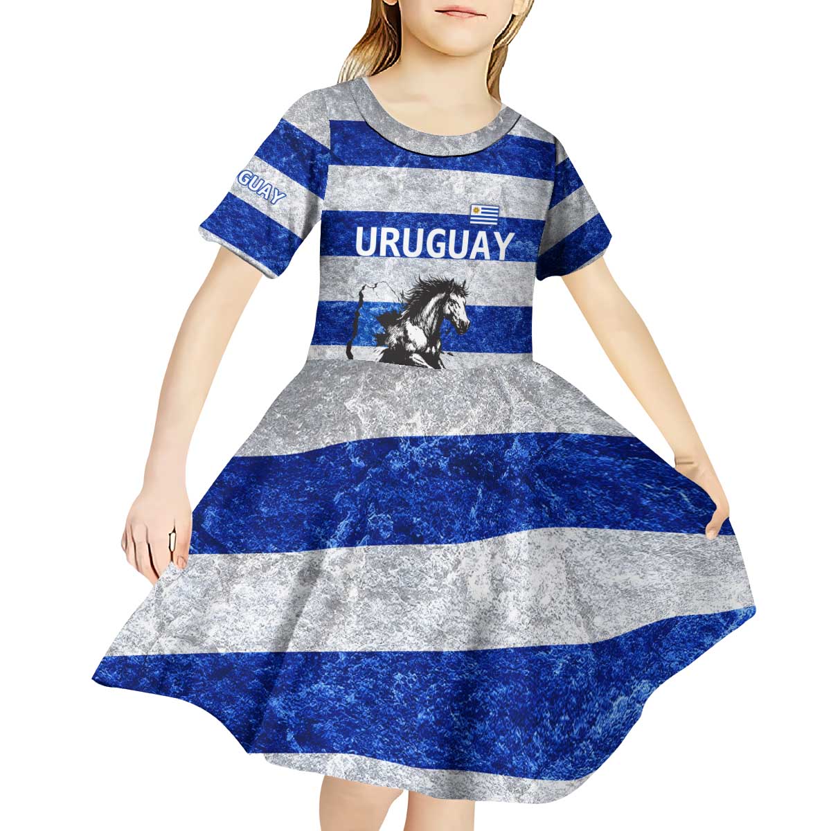 Uruguay Kid Short Sleeve Dress with Wild Horse Illustration Blue Gray Striped - Wonder Print Shop
