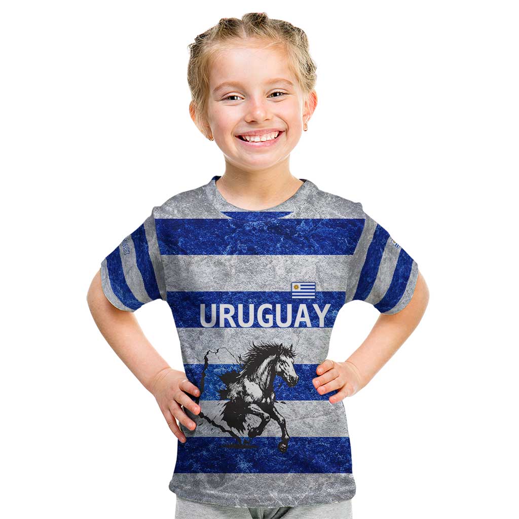 Uruguay Kid T Shirt with Wild Horse Illustration Blue Gray Striped - Wonder Print Shop