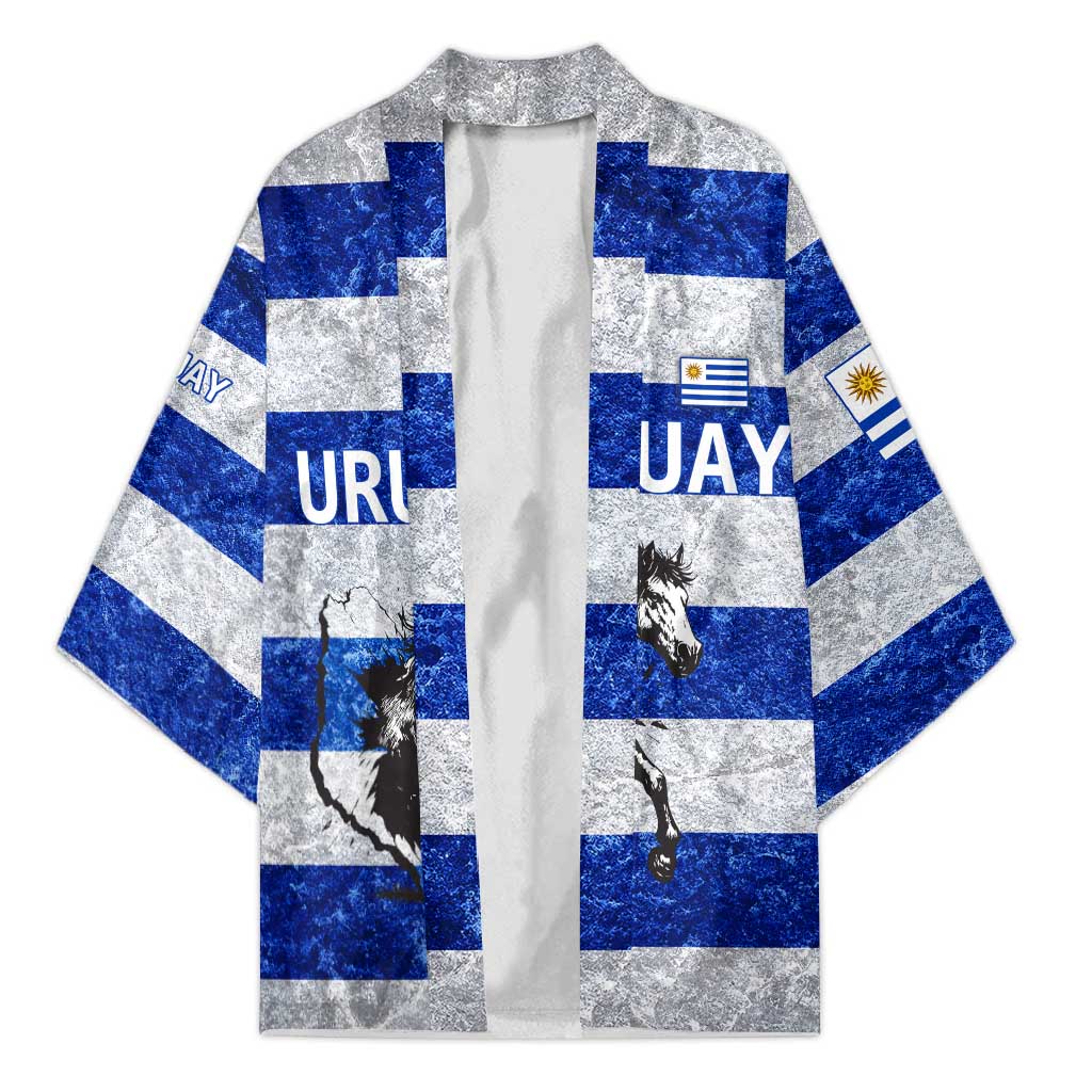 Uruguay Kimono with Wild Horse Illustration Blue Gray Striped - Wonder Print Shop