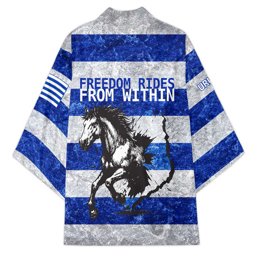 Uruguay Kimono with Wild Horse Illustration Blue Gray Striped - Wonder Print Shop