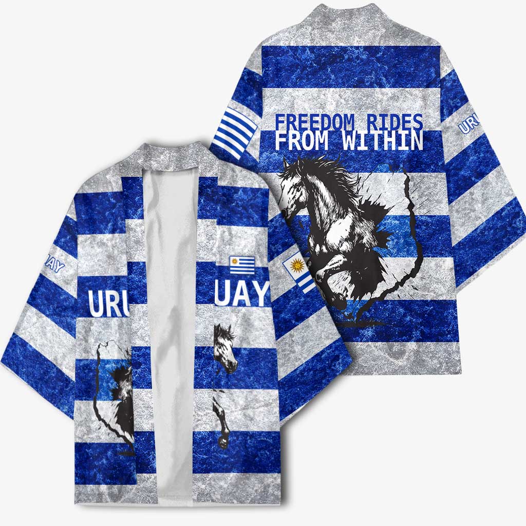 Uruguay Kimono with Wild Horse Illustration Blue Gray Striped - Wonder Print Shop