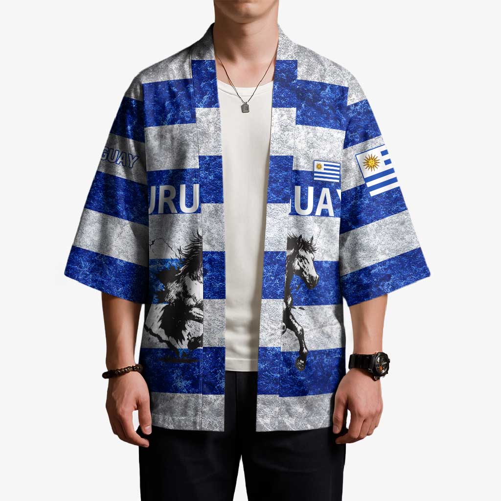 Uruguay Kimono with Wild Horse Illustration Blue Gray Striped - Wonder Print Shop
