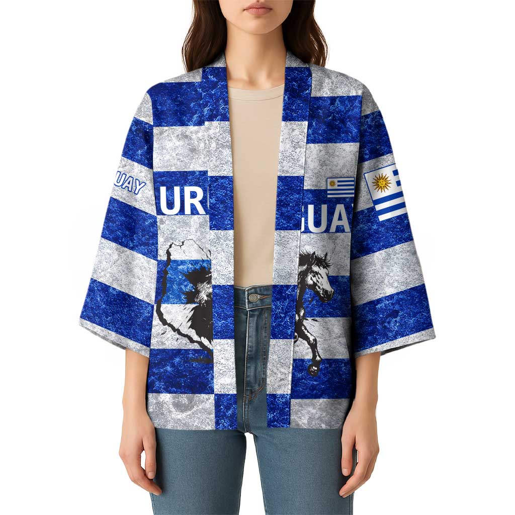 Uruguay Kimono with Wild Horse Illustration Blue Gray Striped - Wonder Print Shop