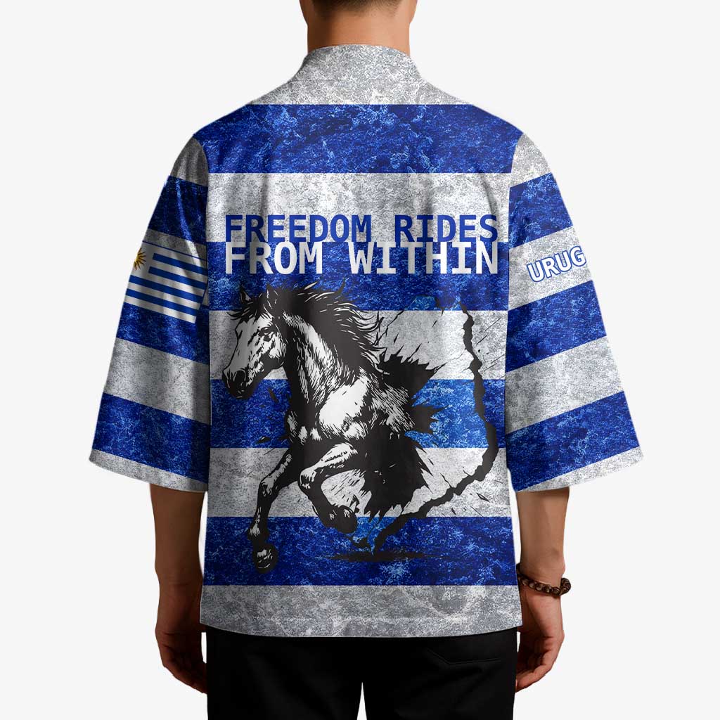 Uruguay Kimono with Wild Horse Illustration Blue Gray Striped - Wonder Print Shop