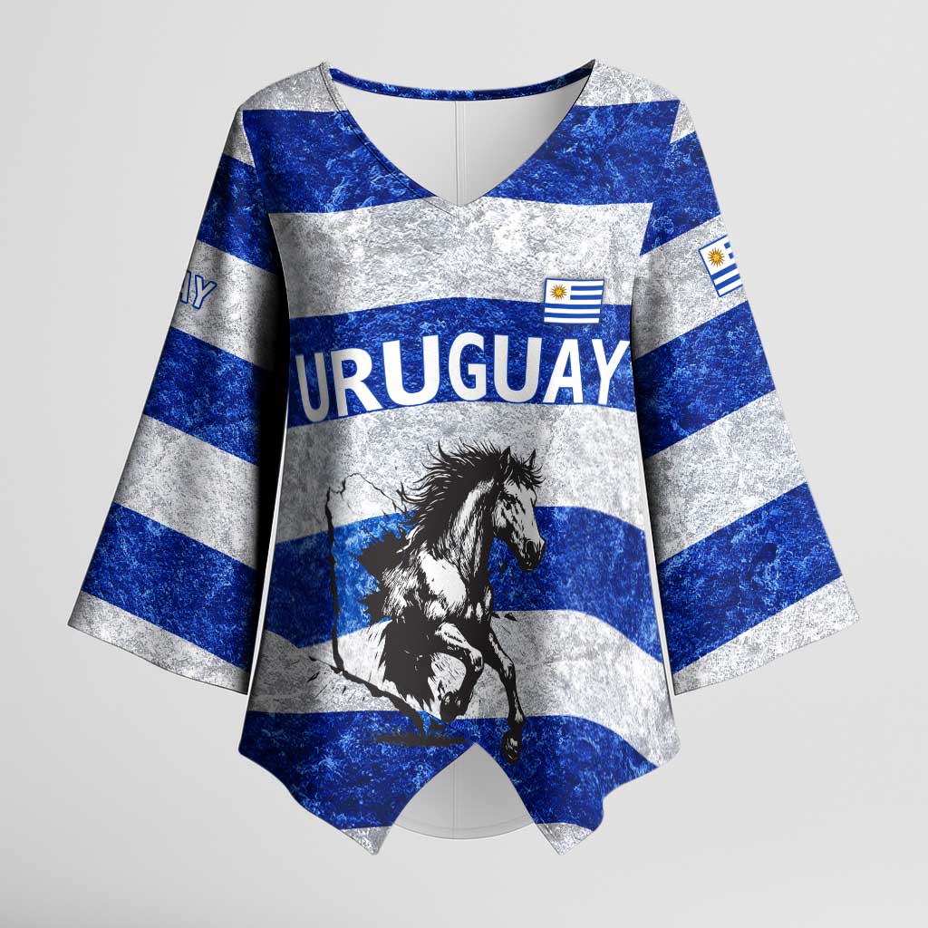 Uruguay Kimono Sleeve Blouse with Wild Horse Illustration Blue Gray Striped - Wonder Print Shop