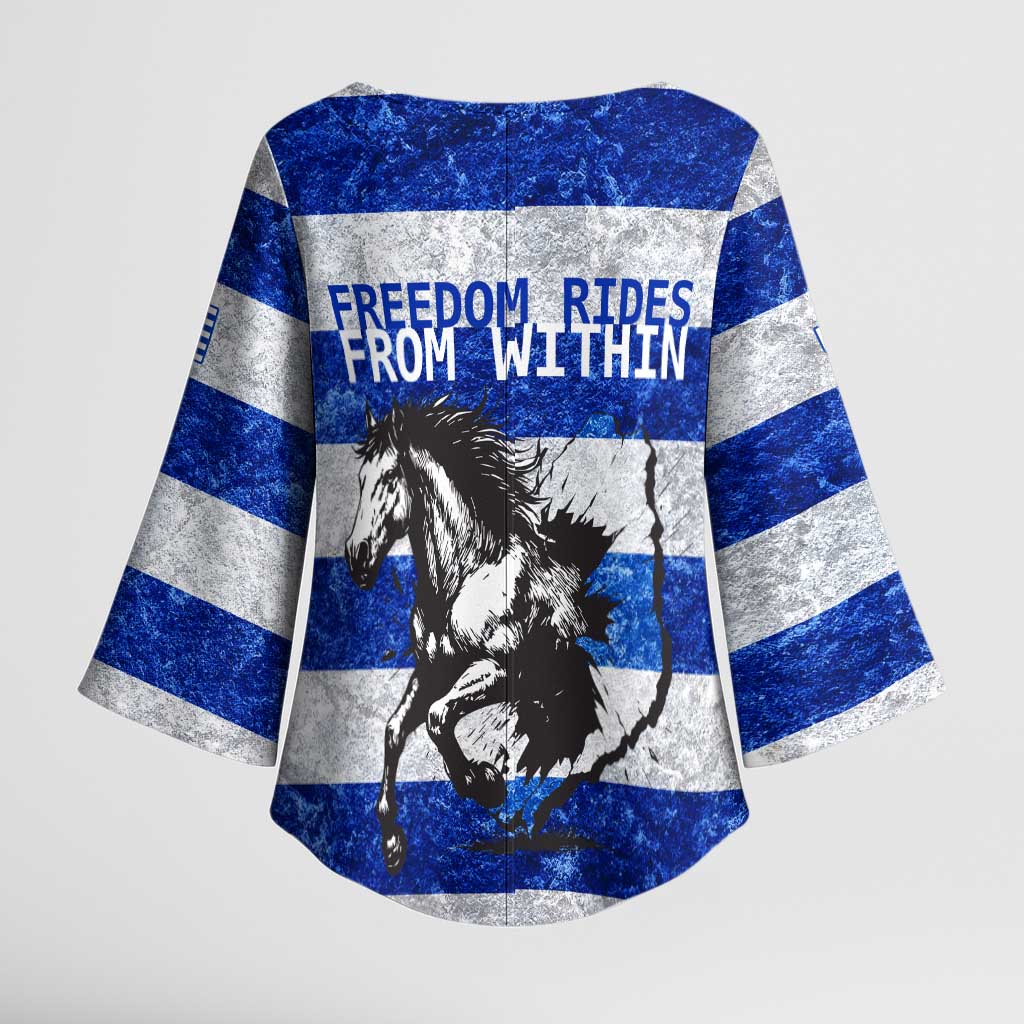 Uruguay Kimono Sleeve Blouse with Wild Horse Illustration Blue Gray Striped - Wonder Print Shop