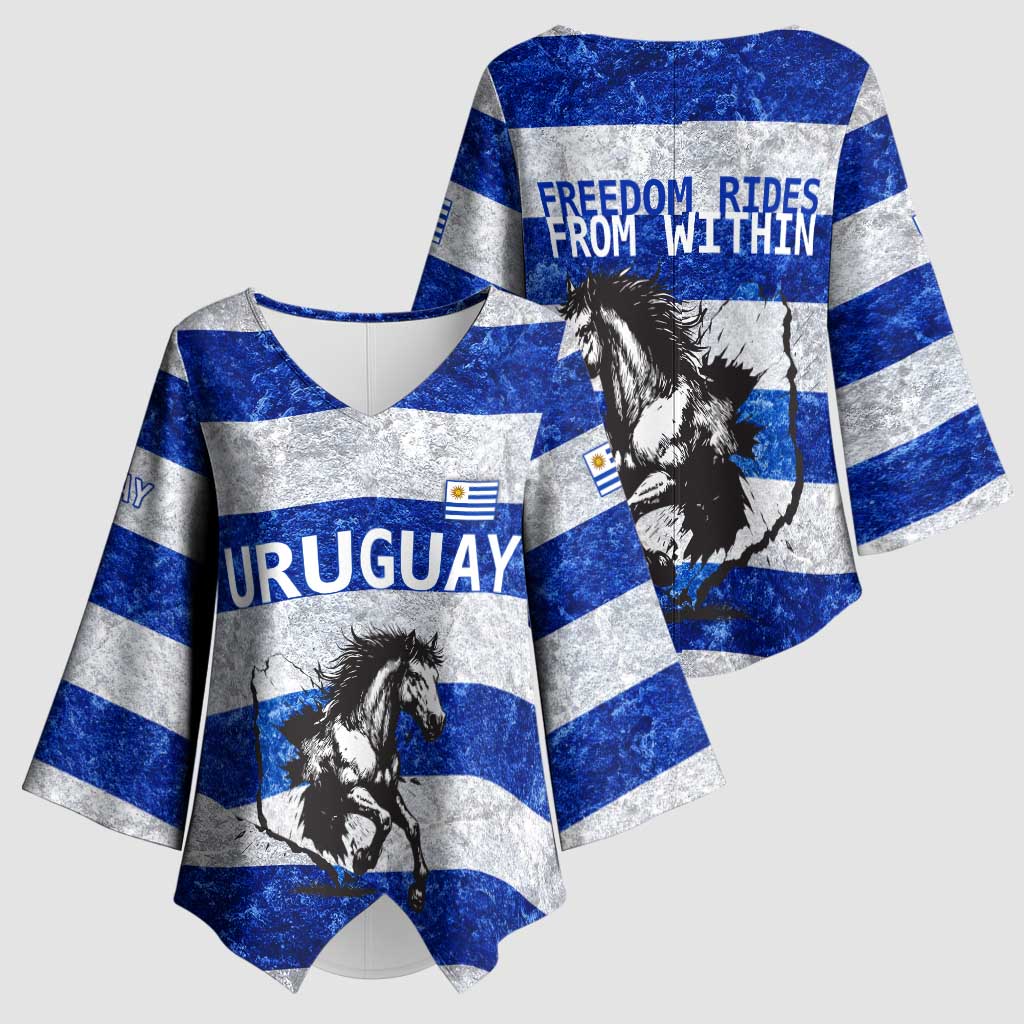 Uruguay Kimono Sleeve Blouse with Wild Horse Illustration Blue Gray Striped - Wonder Print Shop