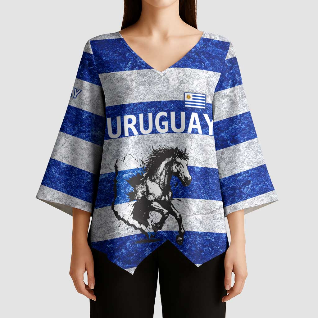Uruguay Kimono Sleeve Blouse with Wild Horse Illustration Blue Gray Striped - Wonder Print Shop