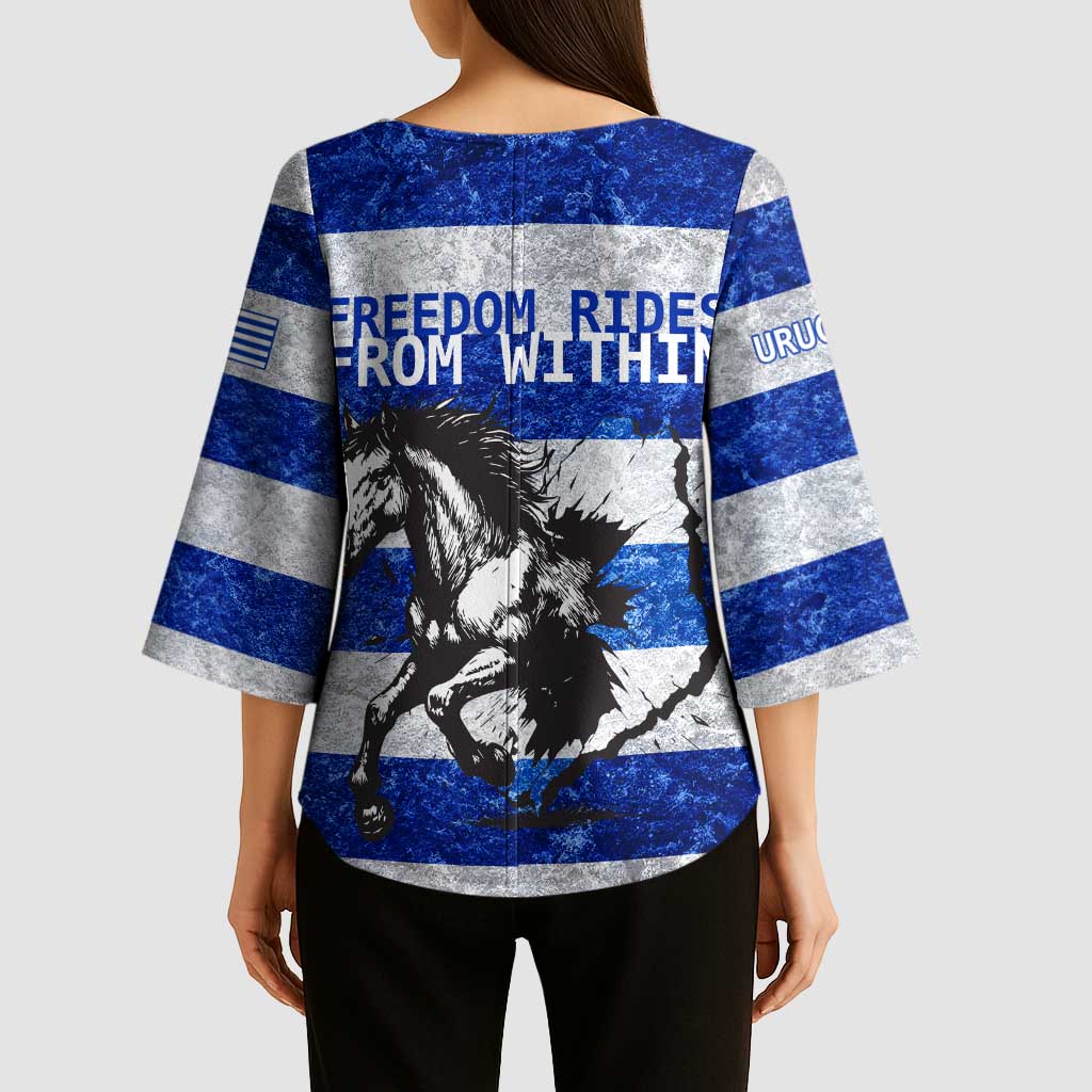 Uruguay Kimono Sleeve Blouse with Wild Horse Illustration Blue Gray Striped - Wonder Print Shop