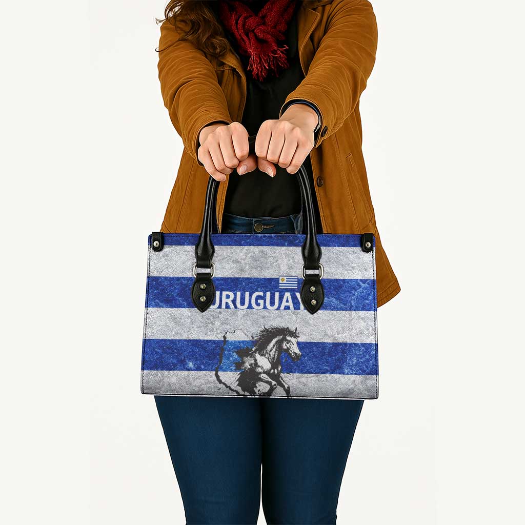 Uruguay Leather Bag with Wild Horse Illustration Blue Gray Striped - Wonder Print Shop