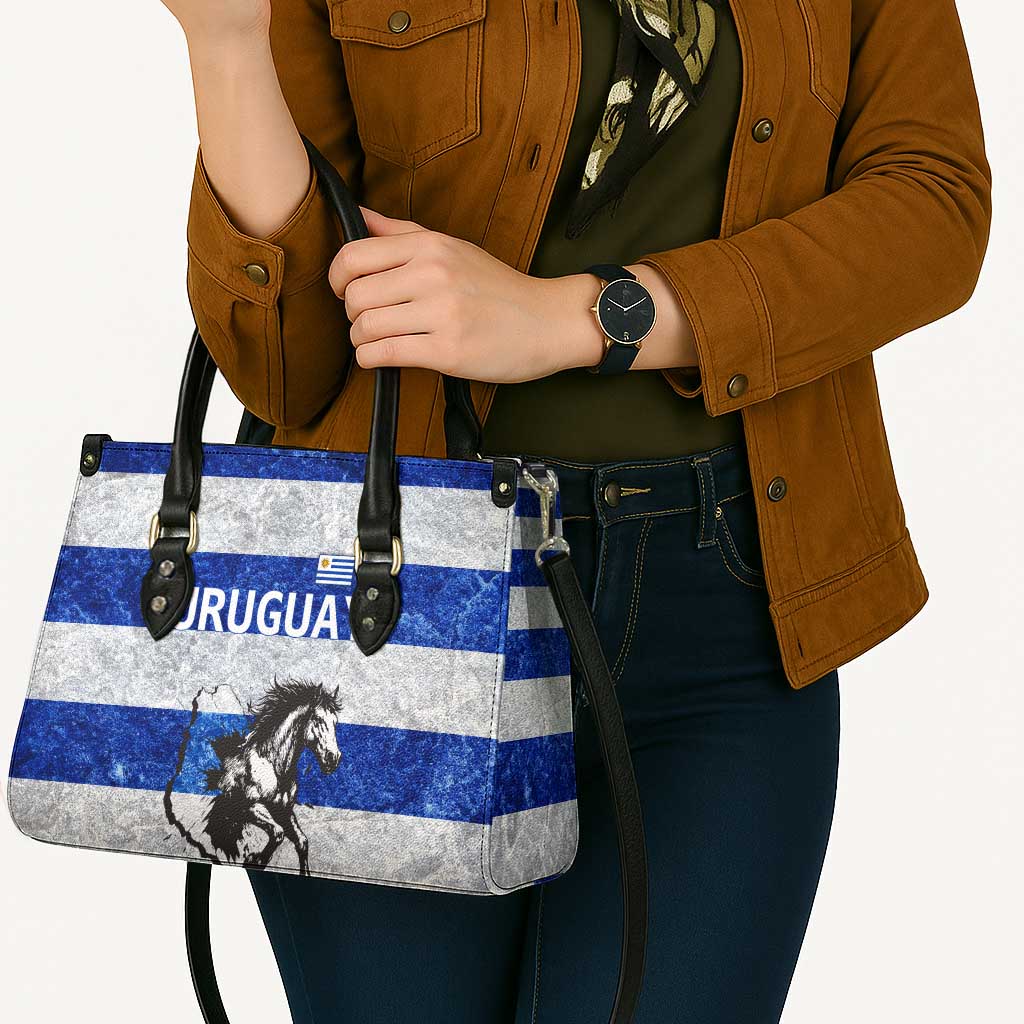 Uruguay Leather Bag with Wild Horse Illustration Blue Gray Striped - Wonder Print Shop