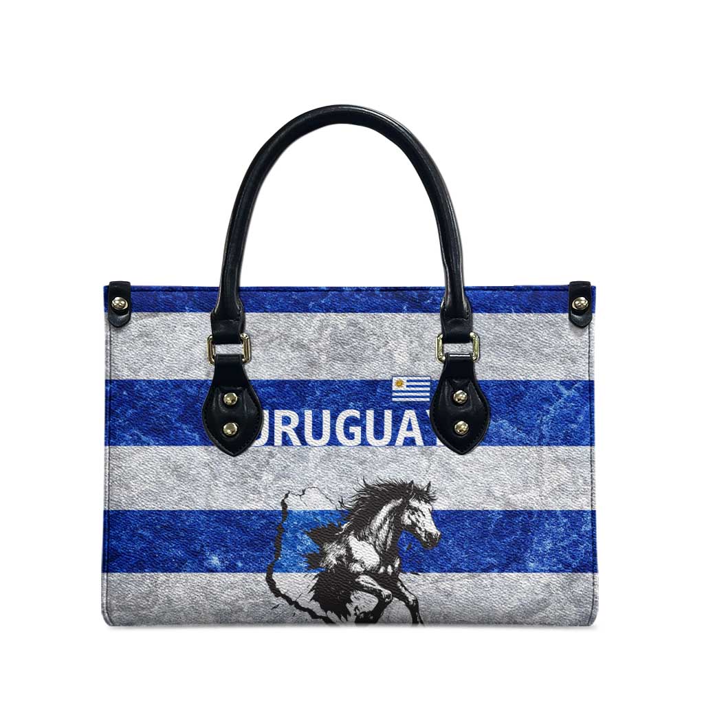 Uruguay Leather Bag with Wild Horse Illustration Blue Gray Striped - Wonder Print Shop