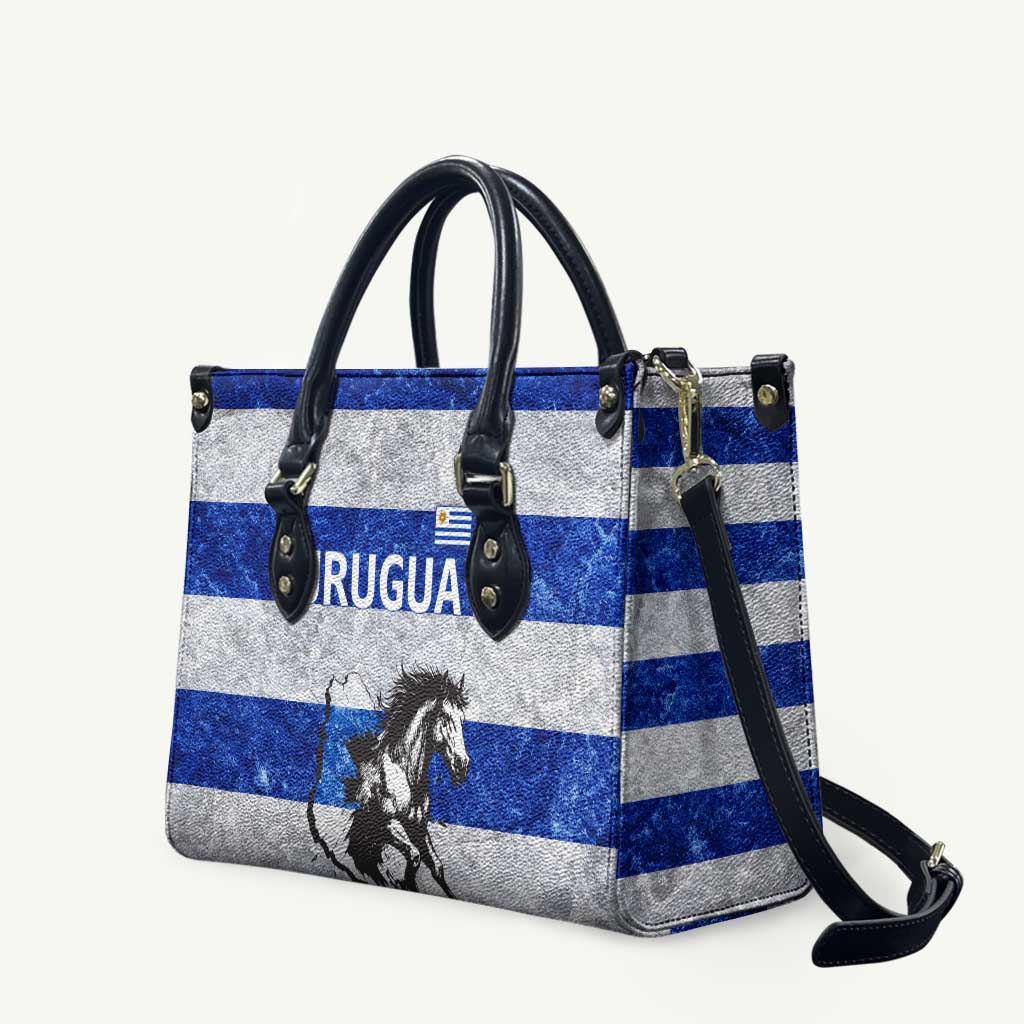 Uruguay Leather Bag with Wild Horse Illustration Blue Gray Striped - Wonder Print Shop