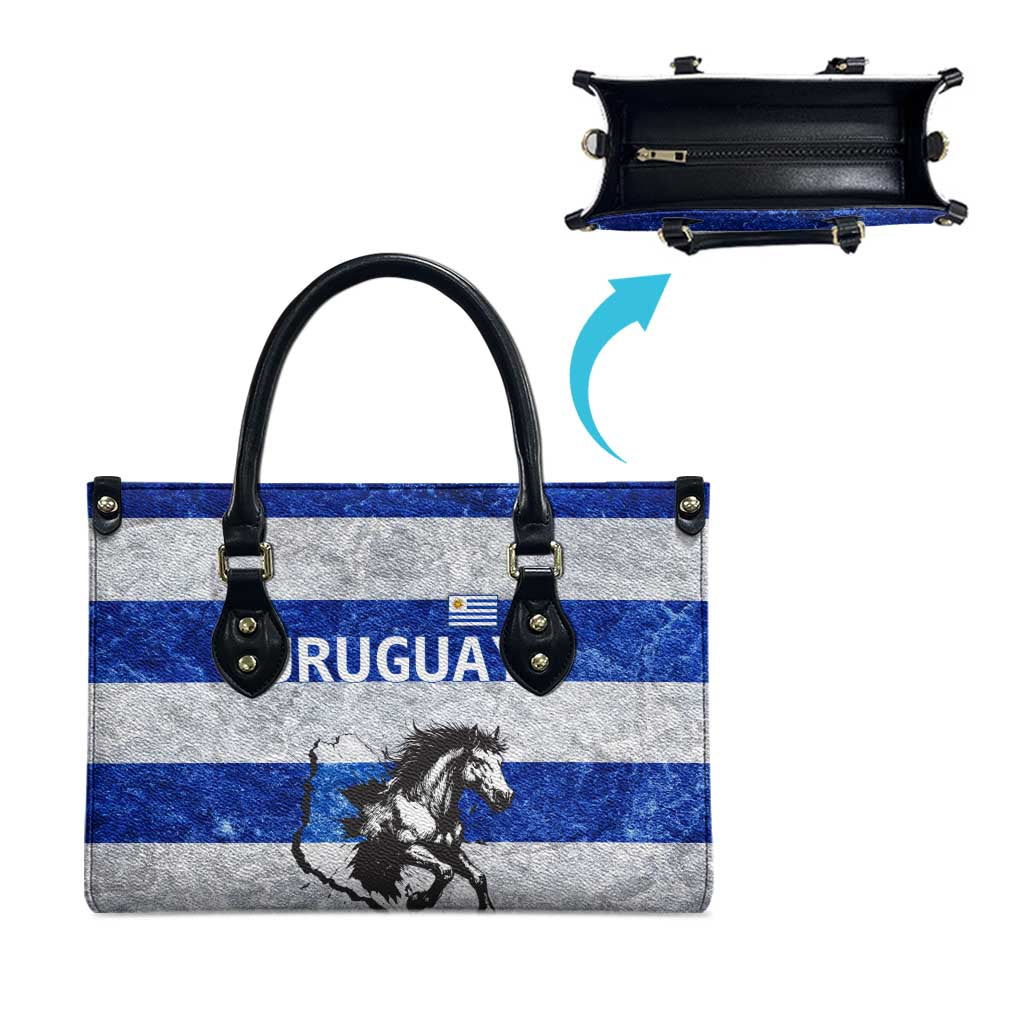 Uruguay Leather Bag with Wild Horse Illustration Blue Gray Striped - Wonder Print Shop