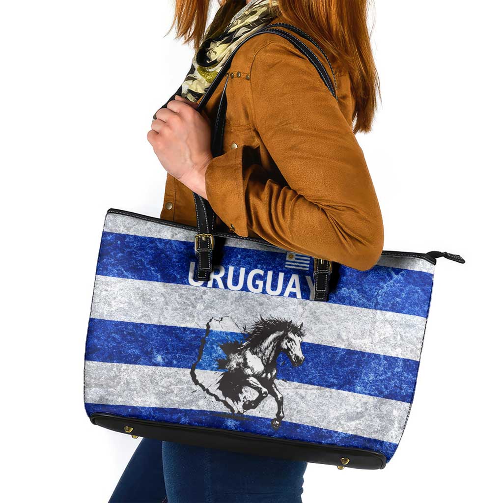Uruguay Leather Tote Bag with Wild Horse Illustration Blue Gray Striped - Wonder Print Shop